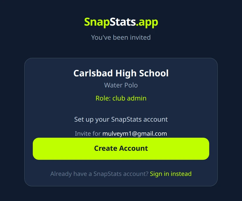 SnapStats invitation screen for Carlsbad High School water polo, addressed to mulveym1 at gmail, role club admin